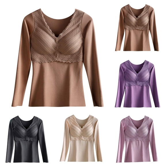 WAGUTH Fall Winter Thermal Tops for Women Lace V‑Neck Long Sleeve Seamless Slim Fit Warm Base Layer Undershirt for Fall Winter