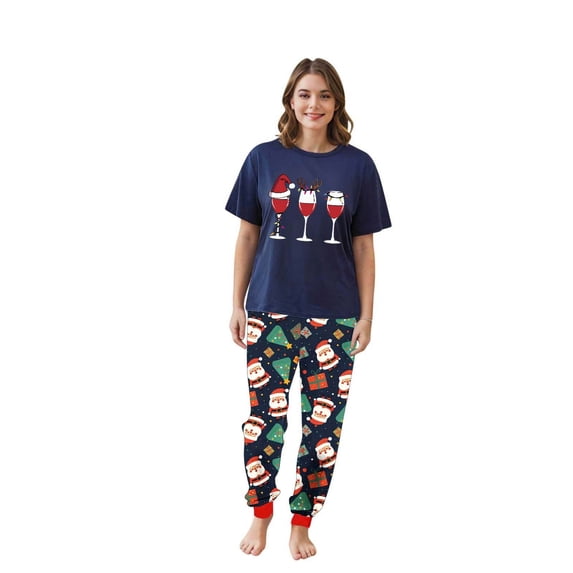 WAGUTH Family Matching 2 Piece Christmas Pajama Sets Short Sleeve Crew Neck Xmas Print Top & Jogger Pants Holiday Loungewear Sleepwear