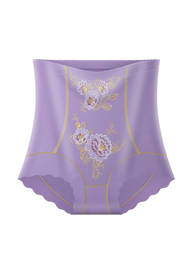 Floral Embroidery Tummy Control Shapewear Briefs for Women High Waist Lifting Anti-Roll Seamless Shaper for Daily & Evening Occasions,Purple,L