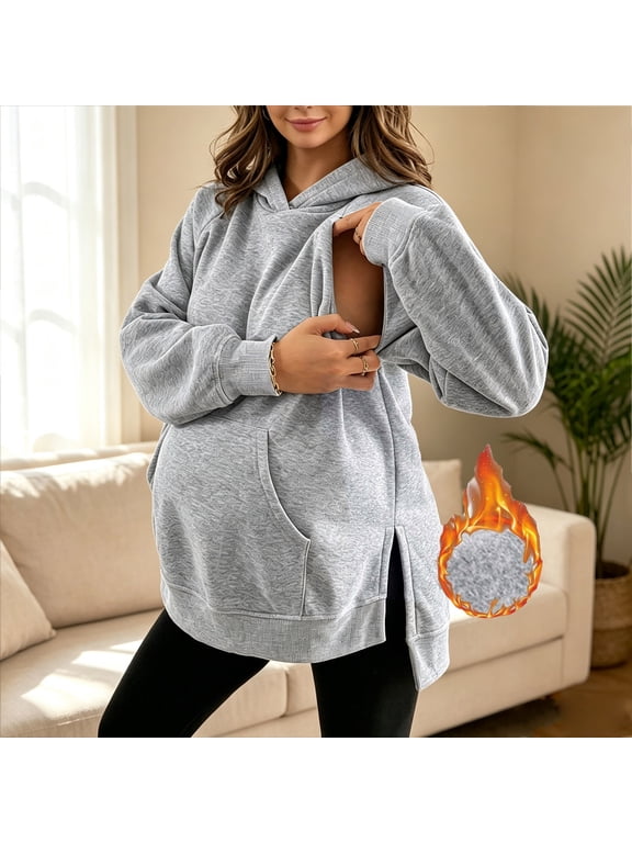 Maternity Nursing Hooded Sweatshirts for Women High-Low Hem Side Split Casual Pregnancy Breastfeeding Tops with Hidden Zipper & Pocket for Fall Winter,L