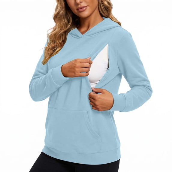 WAGUTH Maternity Nursing Hoodie for Women Long Sleeve Pullover Sweatshirt with Discreet Breastfeeding Zippers and Pocket for Fall Winter