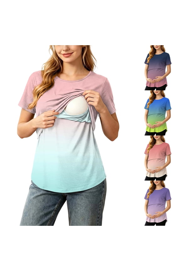 Maternity Nursing Tops for Pregnancy Moms Gradient Ombre Double Layer Lift Up Breastfeeding Shirt Short Sleeve Loose Tunic Blouses,Light Blue,S