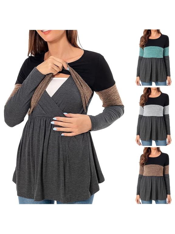 Maternity Nursing Tops for Women Color Block Long Sleeve Round Neck Layered Flare Peplum Tunic Blouse for Fall Winter Daily Wear