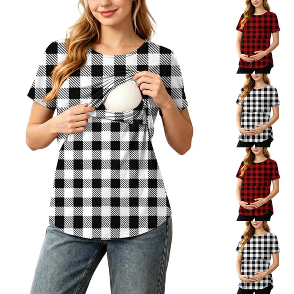 WAGUTH Maternity Nursing Tops for Women Plaid Print Breastfeeding Shirts Double Layer Short Sleeve Pregnancy T-Shirts for Moms,Black,S