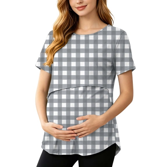 WAGUTH Maternity Nursing Tops for Women Plaid Print Breastfeeding Shirts Double Layer Short Sleeve Pregnancy T-Shirts for Moms,Gray,M