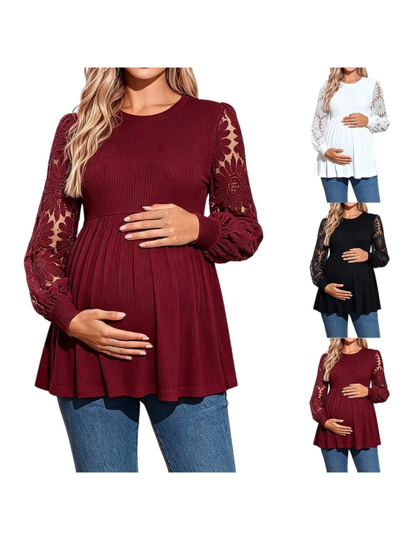 Maternity Peplum Tops for Women Floral Lace Patchwork Ribbed Knit Pregnancy Blouse Round Neck Long Sleeve Swing Tunic Shirt for Fall Winter Daily Wear