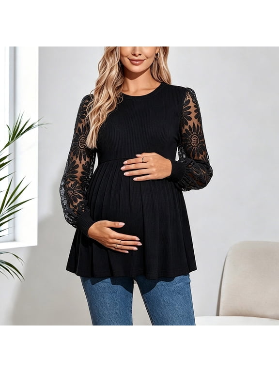 Maternity Peplum Tops for Women Floral Lace Patchwork Ribbed Knit Pregnancy Blouse Round Neck Long Sleeve Swing Tunic Shirt for Fall Winter Daily Wear