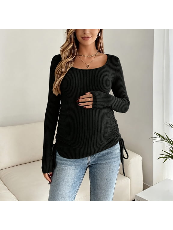 Maternity Ribbed Knit Tops for Women Round Neck Long Sleeve Fitted Blouse Adjustable Side Drawstring Ruched Pregnancy Shirt for Fall Winter Daily Wear