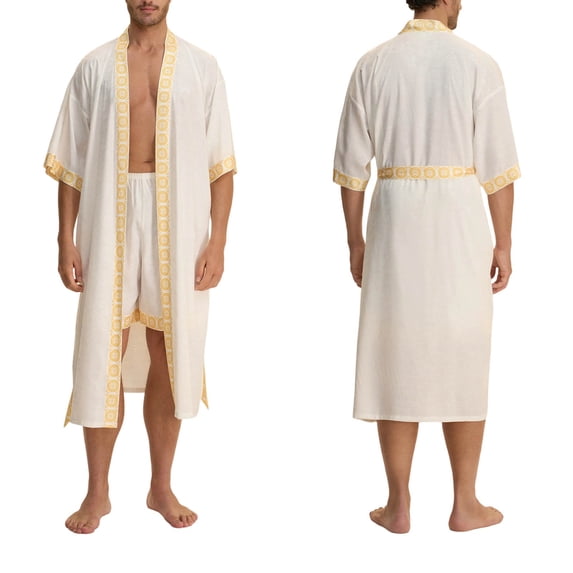 WAGUTH Mens Bathrobe Set Satin Printed Kimono Robe & Shorts with Belt Lightweight Soft Loungewear