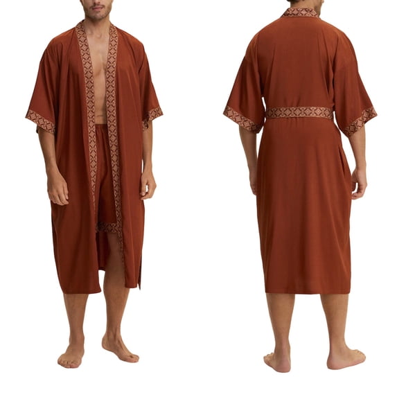 WAGUTH Mens Bathrobe Set Satin Printed Kimono Robe & Shorts with Belt Lightweight Soft Loungewear