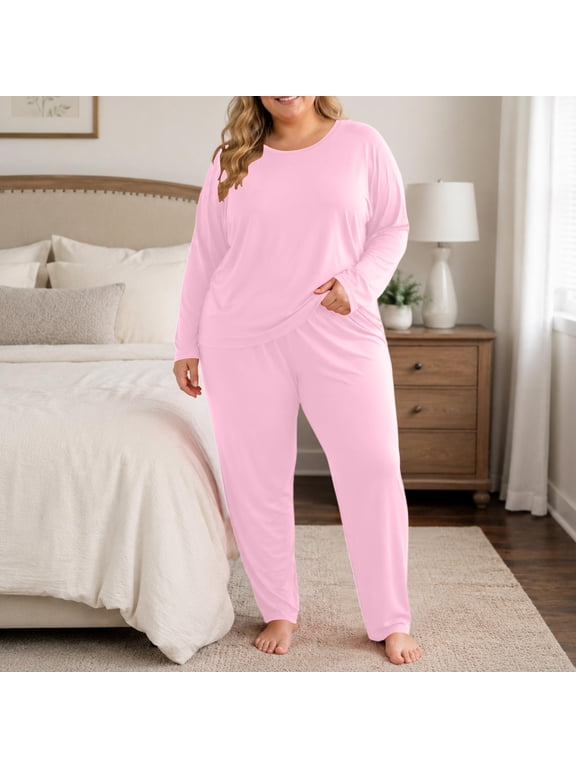 Plus Size 2 Piece Thermal Underwear Sets for Women Long Sleeve Round Neck Top & High Waist Pants Loose Fit Soft Loungewear Sets Pink,3XL