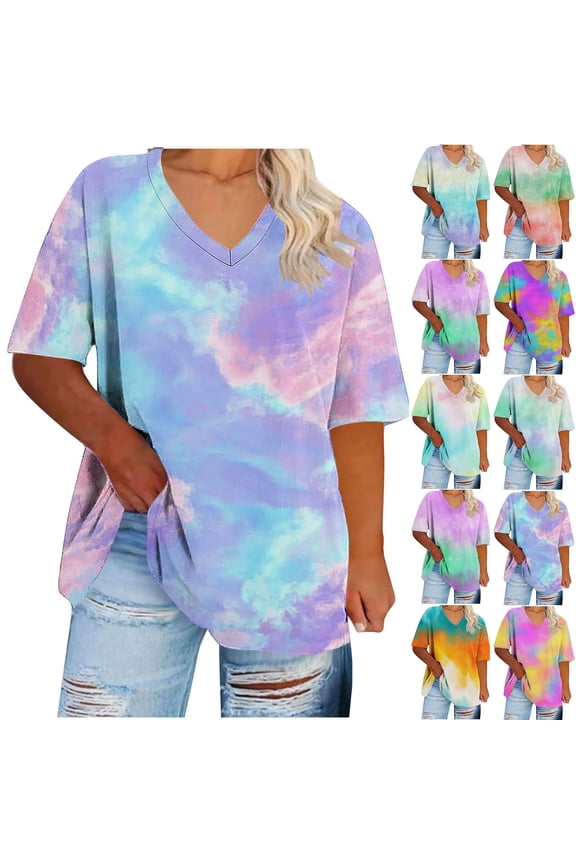 Plus Size Womens Ombre Print Tops V Neck Short Sleeve Blouses Casual Loose Tunic Summer Tees