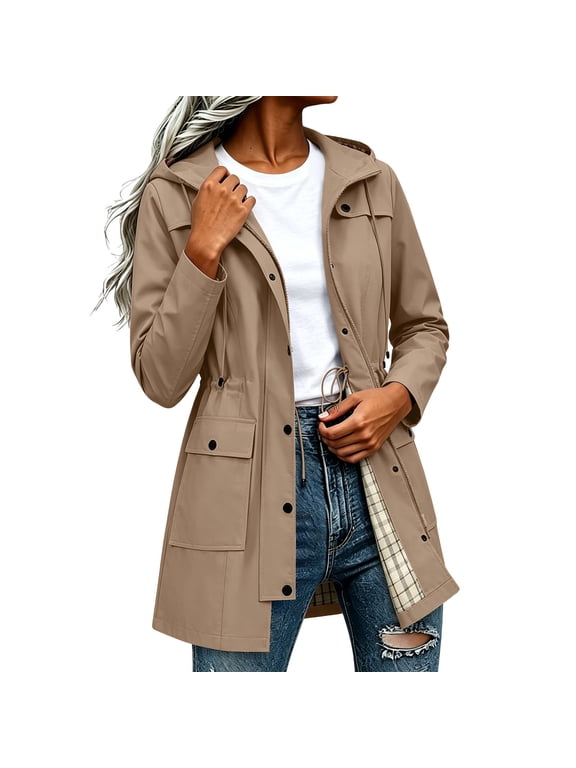Rain Jacket for Women Waterproof Outdoor Hiking Coats Lightweight Hooded Trench Jacket with Plaid Lined & Pockets