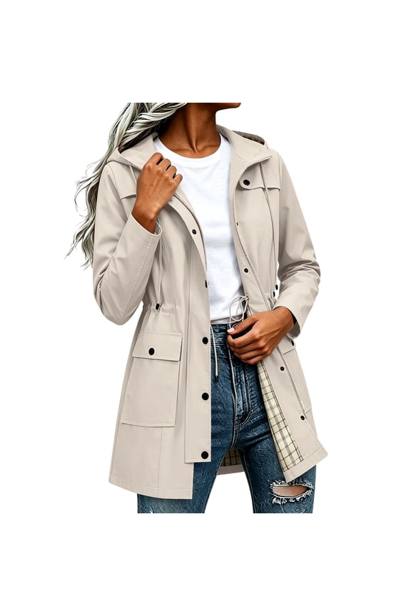 Rain Jacket for Women Waterproof Outdoor Hiking Coats Lightweight Hooded Trench Jacket with Plaid Lined & Pockets,Beige,S