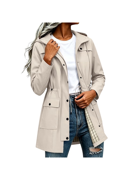 Rain Jacket for Women Waterproof Outdoor Hiking Coats Lightweight Hooded Trench Jacket with Plaid Lined & Pockets