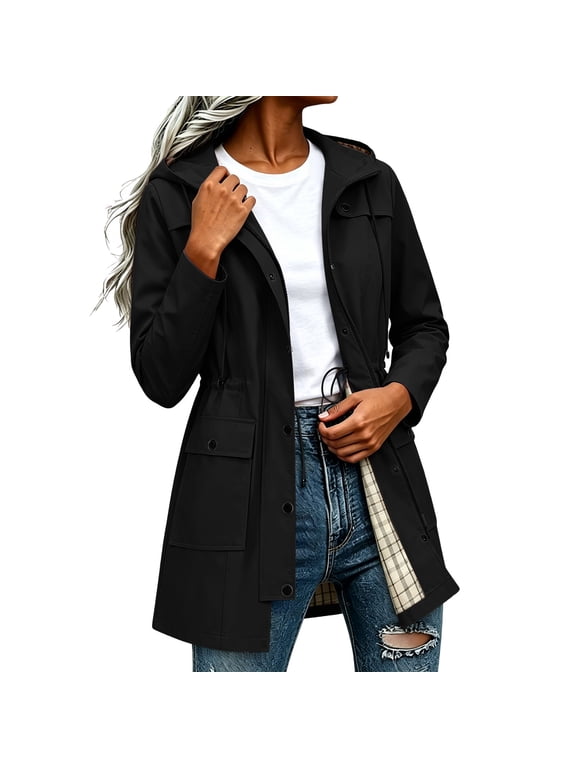 Rain Jacket for Women Waterproof Outdoor Hiking Coats Lightweight Hooded Trench Jacket with Plaid Lined & Pockets,Black,XXL