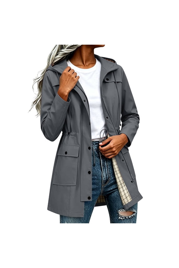 Rain Jacket for Women Waterproof Outdoor Hiking Coats Lightweight Hooded Trench Jacket with Plaid Lined & Pockets,Dark Gray,S