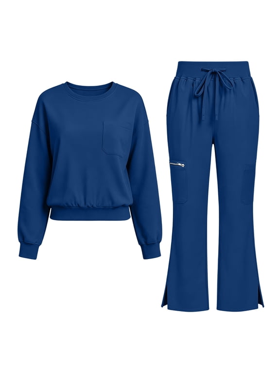 Scrub Sets for Women 2 Piece Outfit Long Sleeve Crew Neck Scrub Top and Pants with Multi Pocket for Nurse Workwear,Navy,XXL