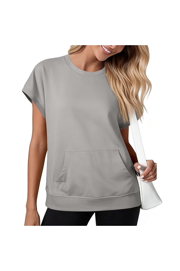 Short Sleeve Tops for Women Crew Neck Sweatshirt with Kangaroo Pocket Casual Loose Basic Tees for Daily Wear