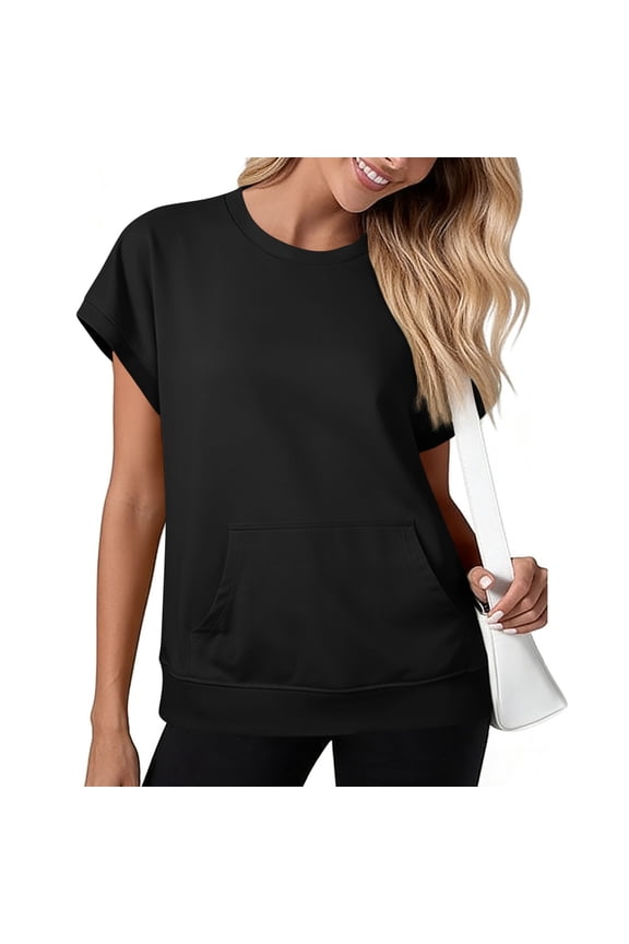 Short Sleeve Tops for Women Crew Neck Sweatshirt with Kangaroo Pocket Casual Loose Basic Tees for Daily Wear