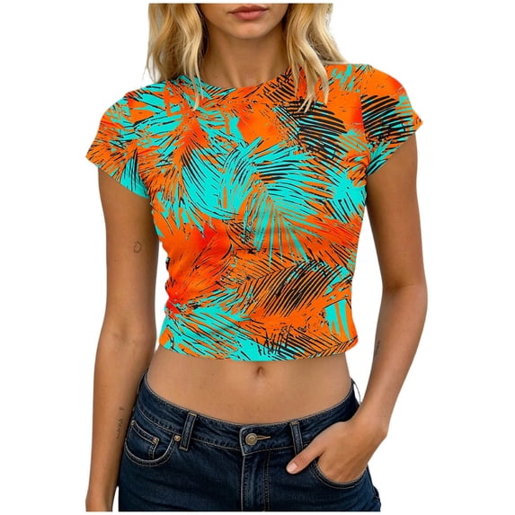 WAGUTH Short Sleeve Tops for Women Print Crew Neck Crop Shirts Slim Fit Casual T-Shirts for Summer,Orange,L