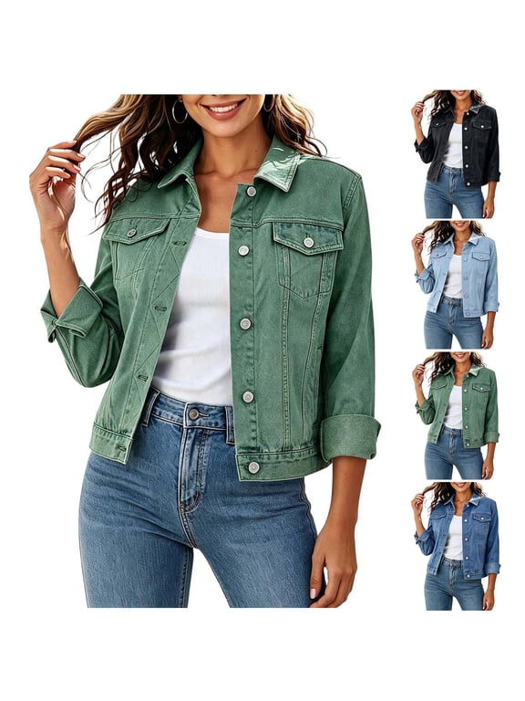 Vintage Denim Cropped Jacket for Women Lapel Button Down Long Sleeve Classic Jean Jacket Casual Street Daily Outerwear