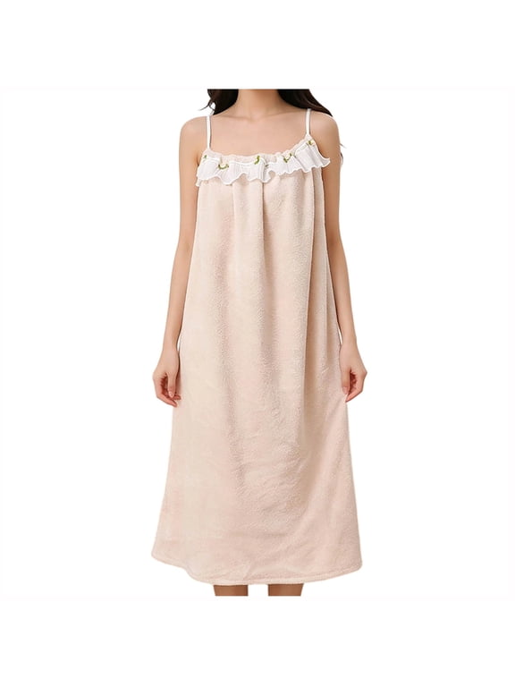Warm Coral Fleece Nightgown for Women Sleeveless Ruffle Floral Decor Loose Quick Dry Shower Robes Loungewear