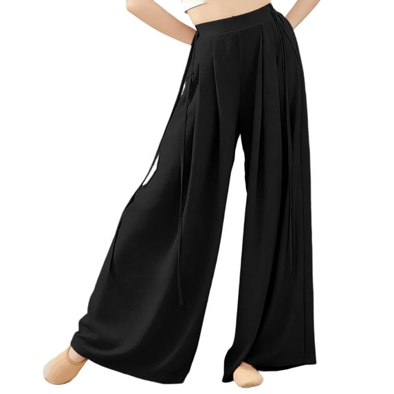 WAGUTH Wide Leg Dance Palazzo Pants for Women Elastic High Waist Pleated Flowy Loose Yoga Casual Trousers with Side Long Strap Ties