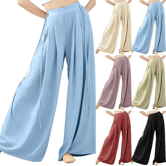 WAGUTH Wide Leg Dance Palazzo Pants for Women Elastic High Waist Pleated Flowy Loose Yoga Casual Trousers with Side Long Strap Ties