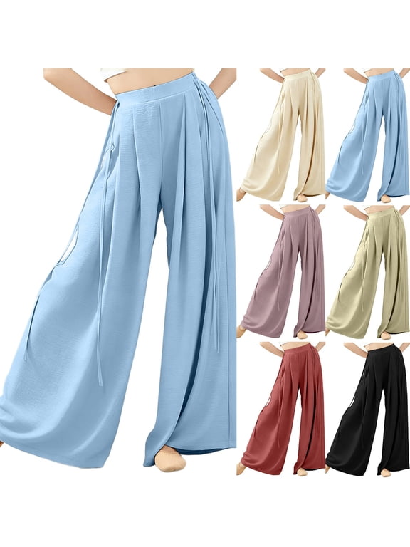Wide Leg Dance Palazzo Pants for Women Elastic High Waist Pleated Flowy Loose Yoga Casual Trousers with Side Long Strap Ties