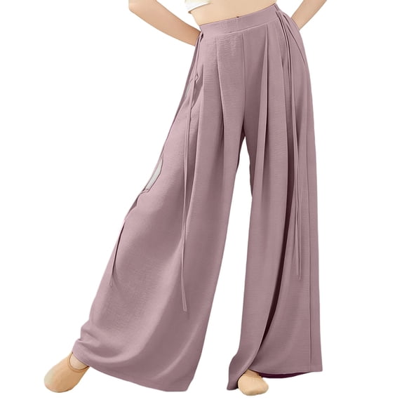 WAGUTH Wide Leg Dance Palazzo Pants for Women Elastic High Waist Pleated Flowy Loose Yoga Casual Trousers with Side Long Strap Ties