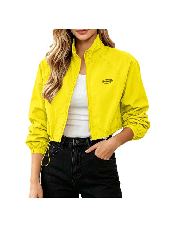 Windbreaker Jackets for Women Full-Zip Stand Collar Drawstring Hem Cropped Jacket Lightweight Casual Streetwear Outerwear,Yellow,XXL