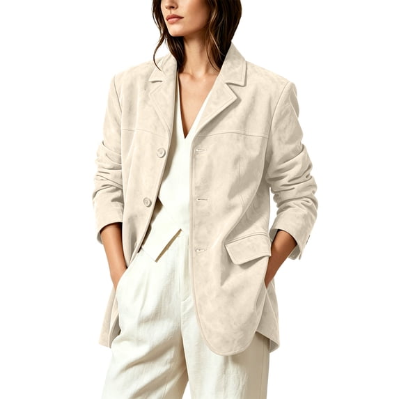 WAGUTH Women Vintage Faux Suede Blazer Jackets Notched Lapel Single Breasted Loose Casual Suit Coat With Pockets