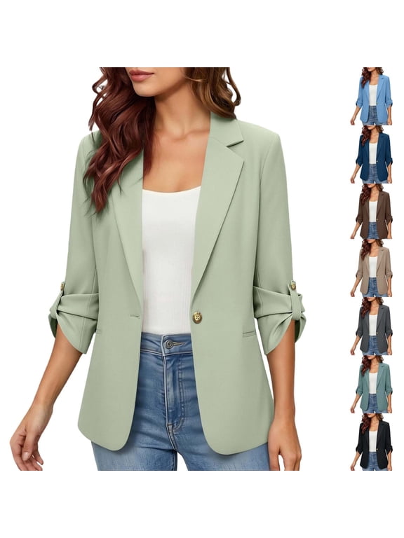 Women's 3/4 Roll-Up Sleeve Blazers Open Front One Button Lightweight Work Office Jacket with Pockets,Mint Green,L