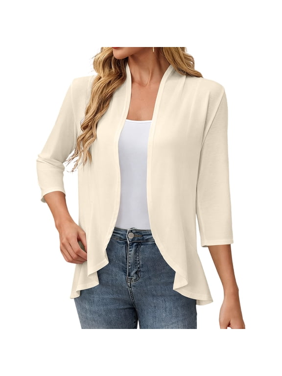 Women's 3/4 Sleeve Lightweight Open Front Cardigan Soft Solid Casual Cover Up Shrug Jacket for Summer Beach Vacation,Beige,XL