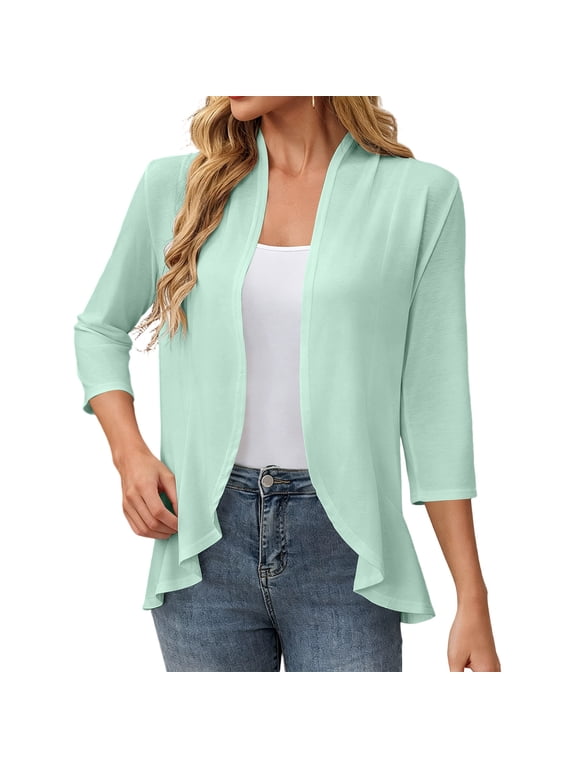 Women's 3/4 Sleeve Lightweight Open Front Cardigan Soft Solid Casual Cover Up Shrug Jacket for Summer Beach Vacation,Mint Green,L