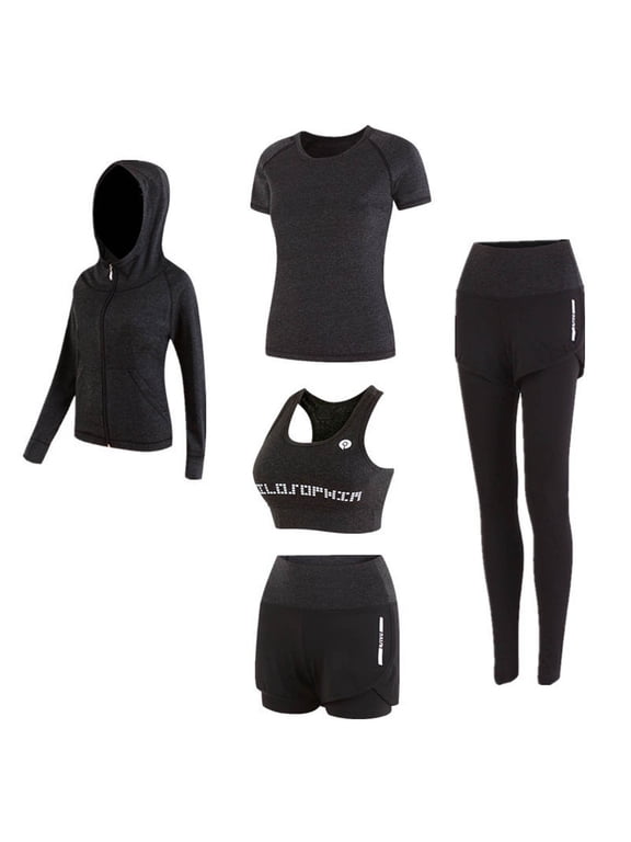 Women's 5 Pieces Workout Outfit Set Quick Dry Athletic Exercise Tracksuit Yoga Running Fitness Clothes