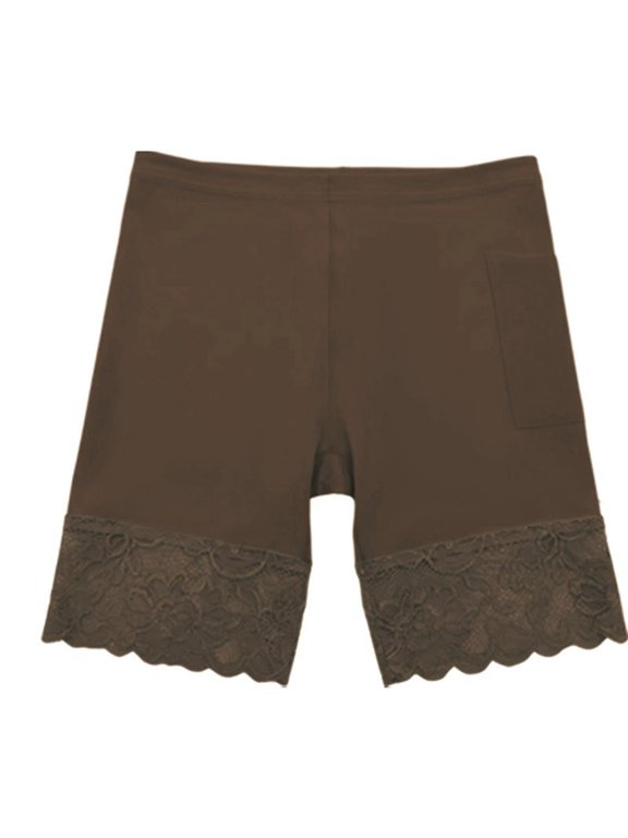 Women's Anti-Chafing Safety Shorts with Side Pocket Floral Lace Hem Invisible Shapewear for Shopping Short Trips Sundress Outfits,Coffee,L