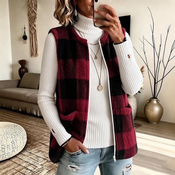 WAGUTH Women's Buffalo Plaid Fleece Vest Sleeveless Zip Up Soft Lightweight Jacket with Pockets Fall Winter Casual Outwear Vest,XXL