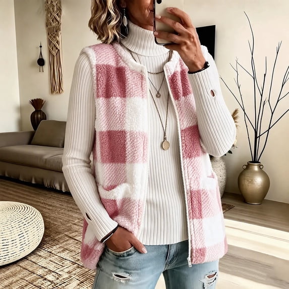 WAGUTH Women's Buffalo Plaid Fleece Vest Sleeveless Zip Up Soft Lightweight Jacket with Pockets Fall Winter Casual Outwear Vest,XXL