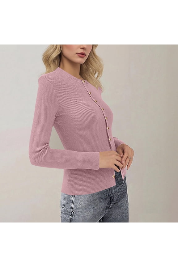 Women's Button Up Ribbed Knit Cardigan Sweaters Crew Neck Lightweight Long Sleeve Tops for Fall Winter Daily Layering