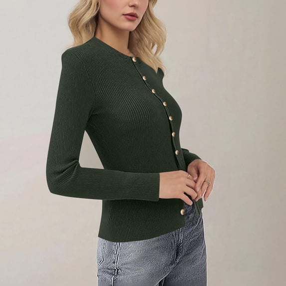 WAGUTH Women's Button Up Ribbed Knit Cardigan Sweaters Crew Neck Lightweight Long Sleeve Tops for Fall Winter Daily Layering