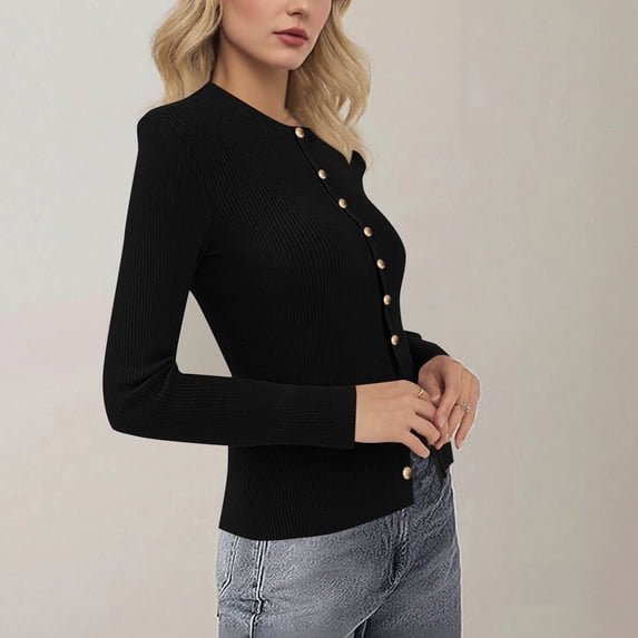WAGUTH Women's Button Up Ribbed Knit Cardigan Sweaters Crew Neck Lightweight Long Sleeve Tops for Fall Winter Daily Layering