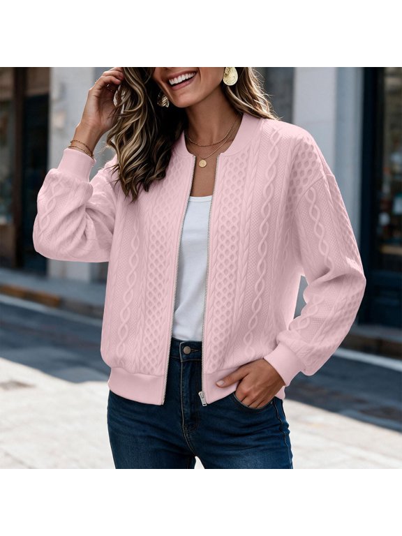 Women's Cable Textured Bomber Jacket Lightweight Long Sleeve Full Zip Ribbed Cuff Casual Loose Outerwear Coat with Pockets,L