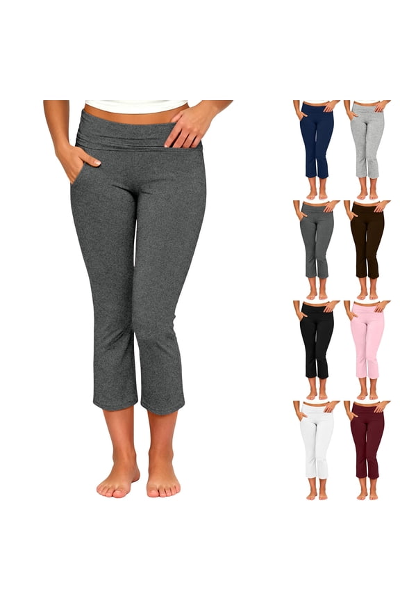 Women's Capri Flared Yoga Pants Fold Over High Waist Stretch Cropped Pants Bootcut Workout Slim Fit Casual Capris with Side Pockets