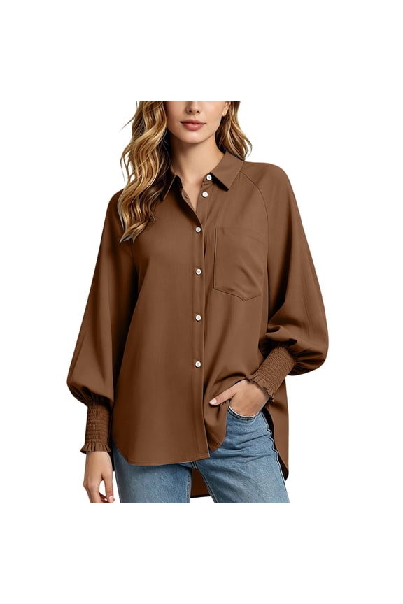 Women's Collared Button Down Shirts Raglan Lantern Sleeve Smocked Ruffle Cuffs Tops with Chest Pocket Loose High Low Hem Blouses