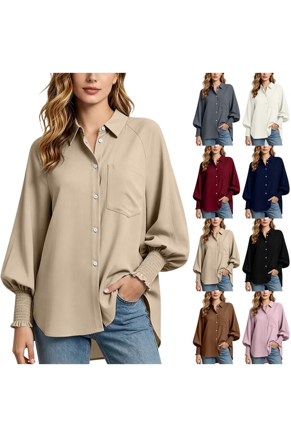 Women's Collared Button Down Shirts Raglan Lantern Sleeve Smocked Ruffle Cuffs Tops with Chest Pocket Loose High Low Hem Blouses
