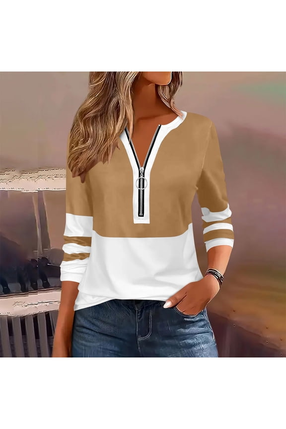 Women's Color Block Striped Half Zip Tops Crew Neck Long Sleeve Tunic T-Shirts Trendy Casual Blouses for Vacation Outings