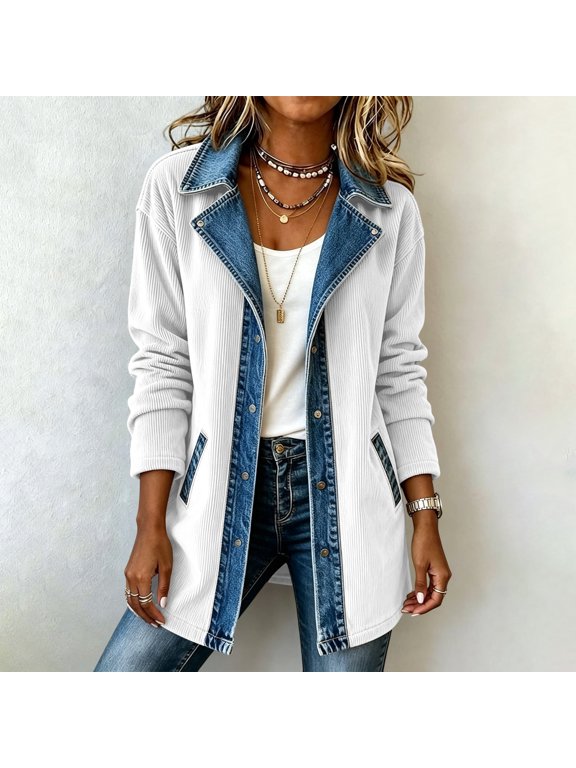 Women's Corduroy Denim Patchwork Jacket Lapel Collar Button Down Casual Mid Length Coat with Pockets for Fall Winter Daily Wear
