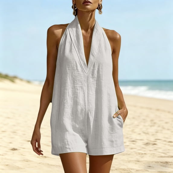 WAGUTH Women's Cotton Linen Halter Rompers Sleeveless V-Neck Shorts Jumpsuit with Pockets for Summer Beach Vacation & Casual Daily